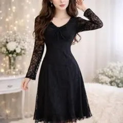 日本製〈ROPÉ〉（7AR） 袖レース パーティー用フラワーパターンドレス