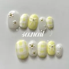 サイズオーダーネイルチップ　チェック　春　黄色　花　ぷっくりリボン　no.87