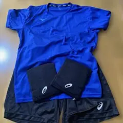 Mizuno 青 Tシャツ & アシックス黒 パンツ セット