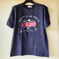 PEANUTS公式 スヌーピー Tシャツ M メンズ 黒 ダークネイビー バス柄