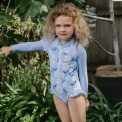 水色 花柄 長袖ワンピース水着 4歳　フローラル柄