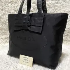 【美品】PRADA プラダ　トートバッグ　ジャガード　リボン　ナイロン　ブラック