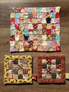 パッチワーク3点set タペストリー＆マグラグ　マット　カバー　カントリー