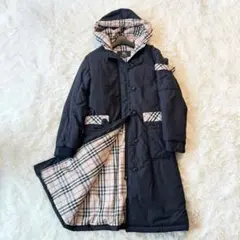 美品　バーバリー　中綿ロングコート　ノバチェック　黒　フード　ポケット　ロゴ