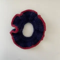 シュシュ 編み物 かぎ編み ハンドメイド Navy×Red ニット　毛糸