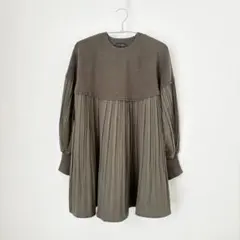 バルーンスリーブ ニット プリーツ チュニック モスグリーン 長袖 体型カバー
