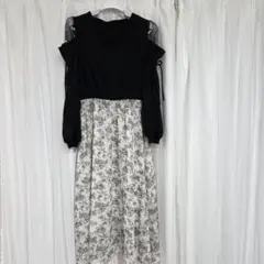 Re-J&SUPURE LL ロングワンピース 花柄 パール ブラック