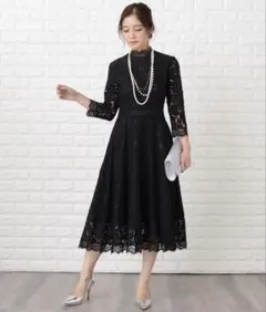 Lace Ladies 花柄総レースミモレ丈フレアワンピース・ドレス