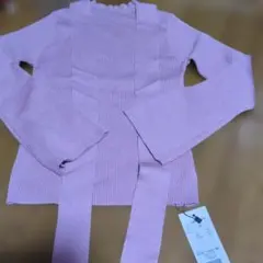 リブ編みフリルネック長袖ニット ピンク