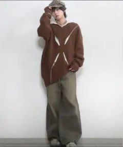 【完売品】GRANCY ジップデザイン　バギーデニムパンツ　ブラウン　Lサイズ