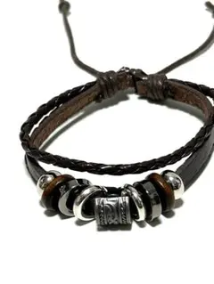 ブラウンレザービーズ メンズ ブレスレット 編み込み アンティーク調 匿名発送