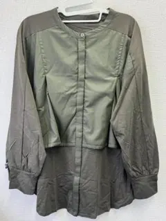 YMDO 体型カバー 異素材切替 ブラウス チュニック 長袖 カーキ Lサイズ