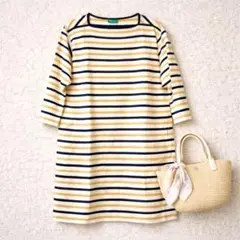 【earth music&ecology】ボーダー七分袖ワンピ F 綿100%