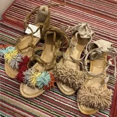 【2足セット】 新品 訳あり 難あり フリンジ 編み上げ サンダル スウェード