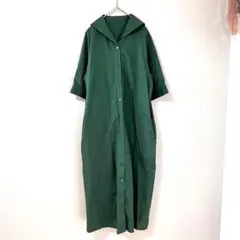 ◉スクロール　スプリングコート　シャツワンピ　ロング　緑　M　5分袖