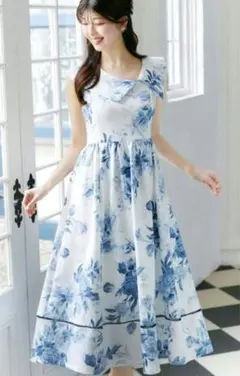 アシンメトリービッグカラーフラワープリントワンピース