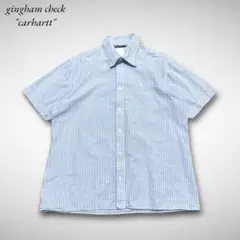 90sカーハートギンガムチェック半袖シャツXXLブルー刺繍ロゴCarhartt