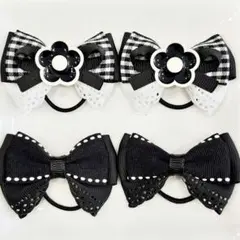キッズリボンヘアゴム 黒チェック×モノクロお花