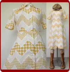 古着♪レトロ・Vintage黄チドリ柄モッズワンピ♪70s60s昭和Japan