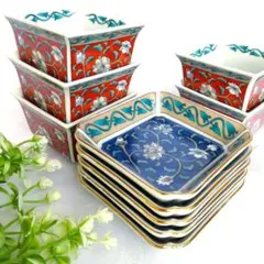 第一陶器　ETUDEタカハシサンフランシスコ　花更紗花唐草　角小鉢５　金縁小皿５のサムネイル