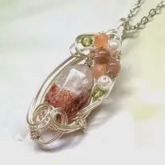 天然石セラフィナイトペンダント、ワイヤーネックレス、ハンドメイド