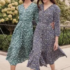 UNIQLO／プリントVネックフレアワンピース 7分袖／グリーン／Ｌ