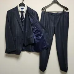 洋服の青山　パーソンズ　メンズスーツ　スリーピース　光沢　濃紺ブルー　チェック