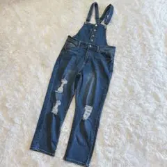 デニムオーバーオール　サロペット　2Way　ダメージデニム　アンクル丈