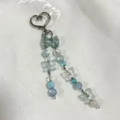 ビーズ スマホストラップ 蝶とリボン 青 メンカラ