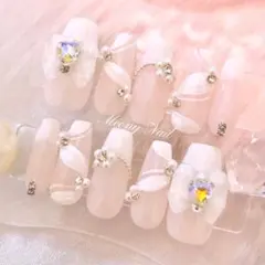 No.63現品♡量産型ワンホン韓国フレンチガーリーハートリボンネイルチップ