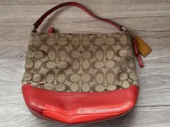 COACH シグネチャー ハンドバッグ ベージュ/レッド