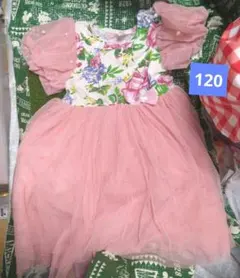 花柄 パフスリーブ チュールドレス ピンク 120cm　女の子　ワンピース