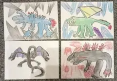 【子供の絵】ドラゴン手描きイラスト4枚セット
