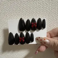 リボン付きブラックネイルチップ10個セット