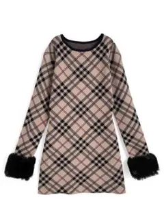 GRL 2Wayファー付きチェック柄ニットミニワンピース Lサイズ