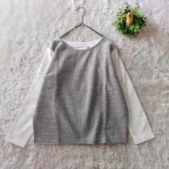 オペークドットクリップ ツイード切替長袖トップス 白 M　上品　異素材ドッキング