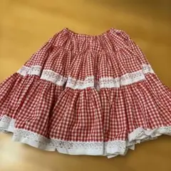 一点もの　赤ギンガムチェック レース付き ティアードスカート