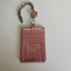 ピンク 合成皮革 パスケース チェーン付き