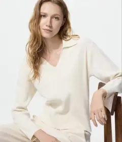 UNIQLO ウォッシャブルニットリブポロセーター S NATURAL ユニクロ