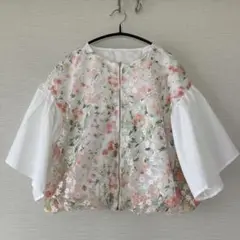 花柄刺繍フレア袖ジャケット