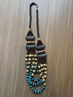 【アジアン・エスニック】大ぶりウッドネックレス（ターコイズブルー×ブラウン）