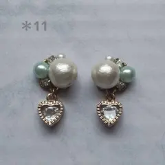 ＊11 揺れるジルコニアハートとコットンパールのピアス/イヤリング