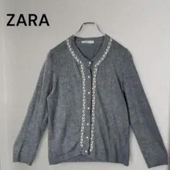 ZARA グレー トップス ニット カーディガン パールボタン装飾付【H09】