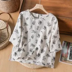 ラウンドネック トップス レトロ プリント 五分袖 ブラウス 大きいサイズ