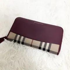 バーバリー　長財布　レザー　キャンバス　ラウンドジップ　シャドウホース　レッド