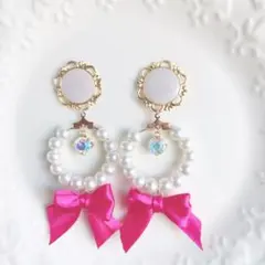 パール リボン ビジュー ピアス  ♡ イヤリング