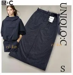 【新品タグ付】UNIQLO ベルテッドナロースカートネイビー 58