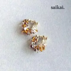 [1135]チェコガラスのつぶつぶフープイヤリング 透明 ブラウン ハンドメイド