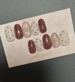 【現品】#16 ネイルチップ ボルドー リボン マグネット ガーリー リボン