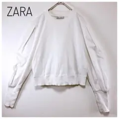 【ザラ】バルーンスリーブ クロップド丈 スウェット トレーナー ホワイト S